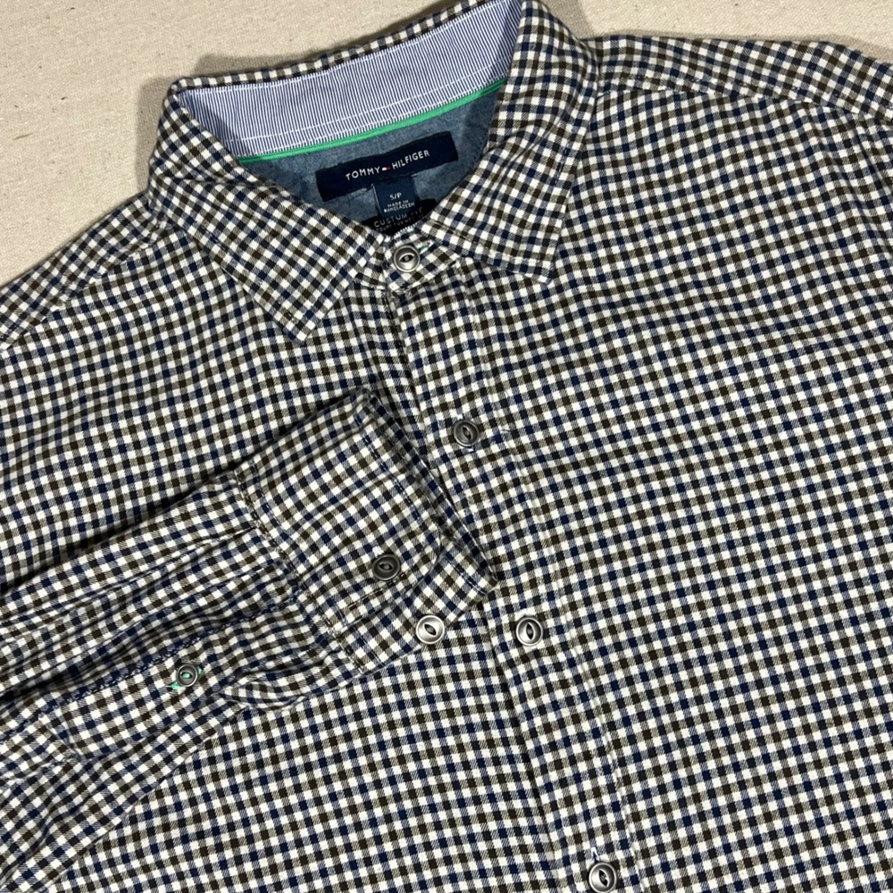 Tommy Hilfiger Mens Custom Fit Lightweight Flannel Checkered Shirt S Brown/Blue